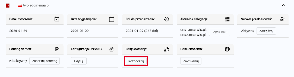 cesja domen .pl rozpoczynanie cesji