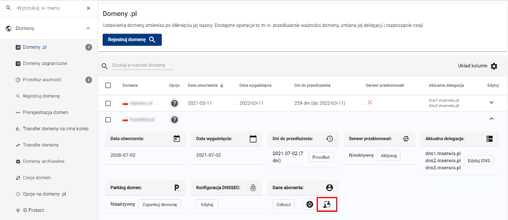 Cesja domeny .pl na liście domen