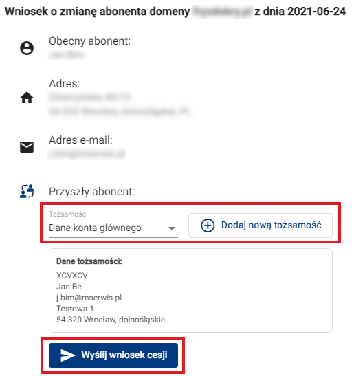 Cesja domeny formularz