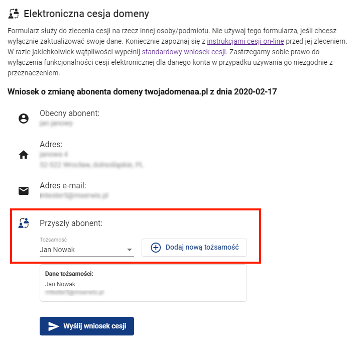 cesja domen .pl wybór abonenta