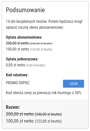 Wybieranie 14 dniowego okresu testowego na hosting