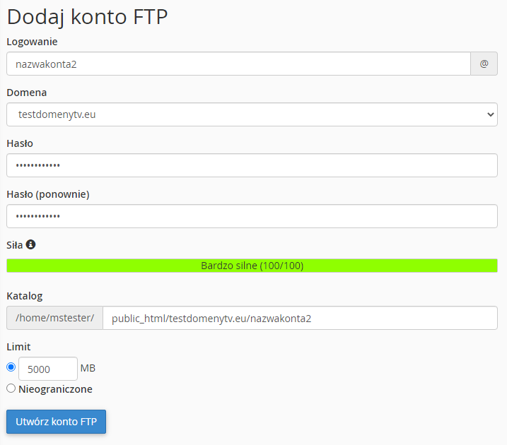 dodawanie konta FTP w cPanelu