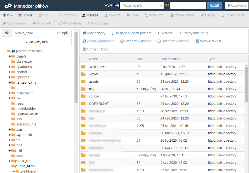 zarządzanie plikami w cPanelu