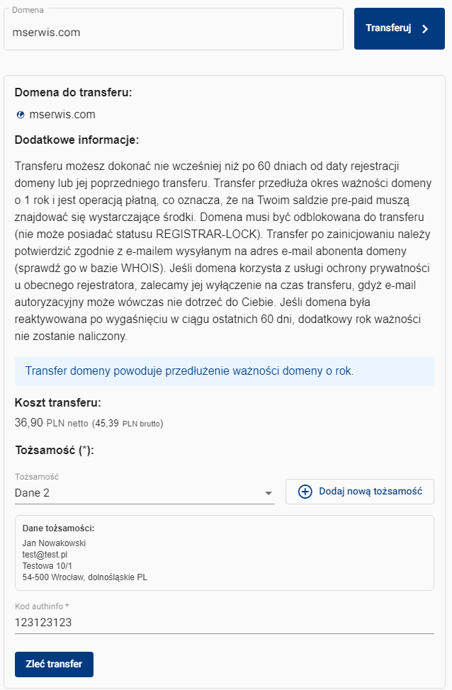 Transfer domeny w panelu administracyjnym Domeny.tv - informacja o wymaganiach do wykonania transferu