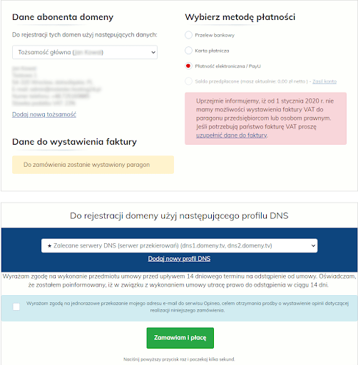 Wybieranie metody płatności za domenę