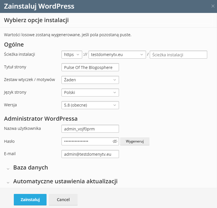 automatyczne tworzenie WordPreesa w cPanelu