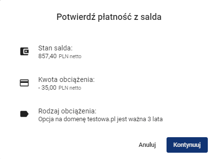 Opcja na domenę potwierdzenie płatności