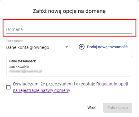 Opcja na domenę wybór nazwy domeny