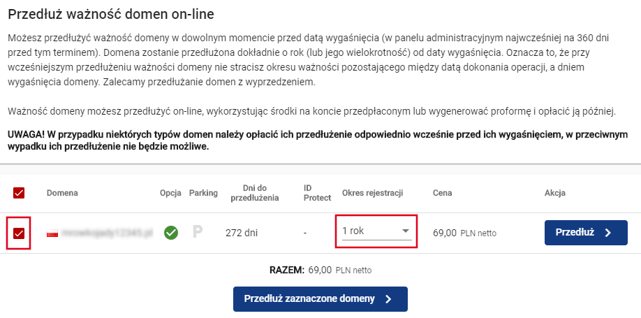 przedluzanie waznosci domeny wybor okresu rejestracji