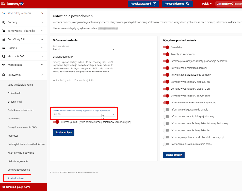 zmiana wyświetlanych dni wygasających domen