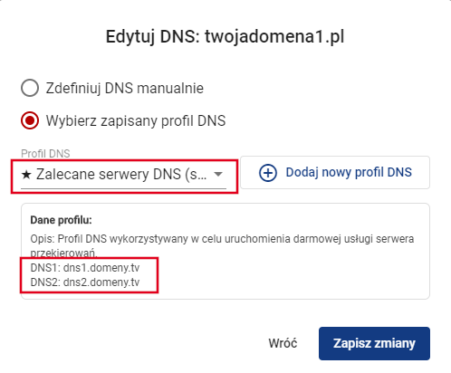 Serwer przekierowań - wybierz profil DNS