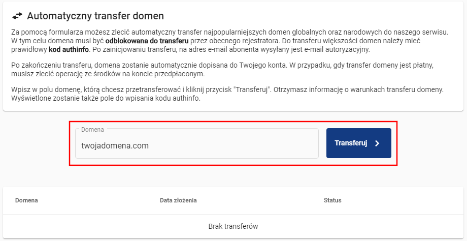 transfer domen zagranicznych wybór domeny