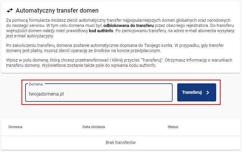 transfer domeny pl wybór domeny