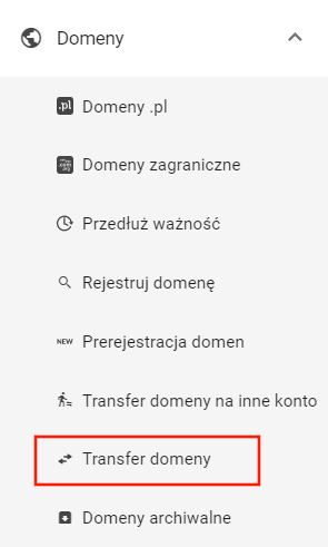transfer domeny pl wybór opcji