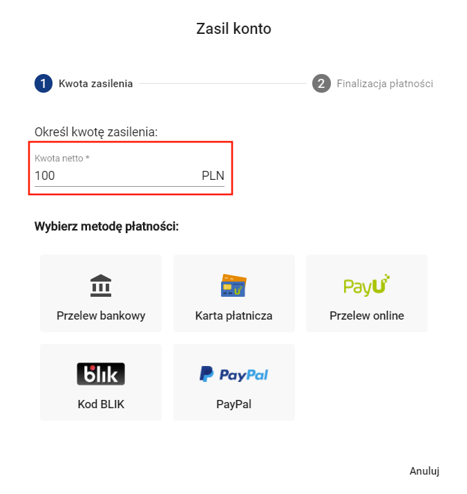 zasilenie konta wybór metody płatności