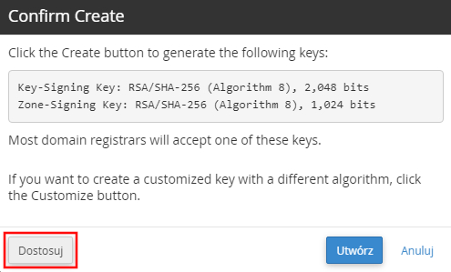 dostosowanie kluczy dnssec w cpanel