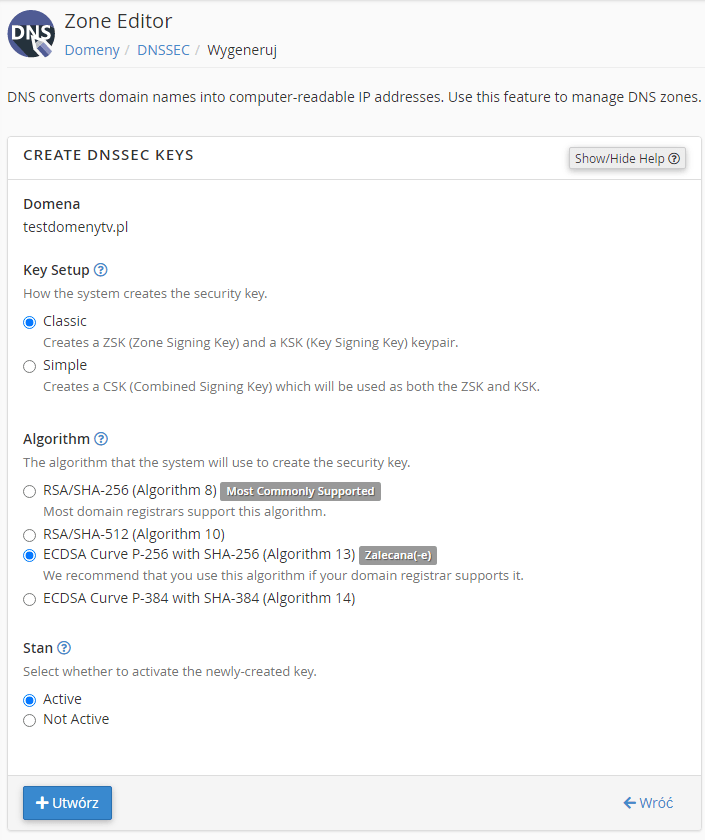 zaawansowane dostosowanie kluczy dnssec w cpanel