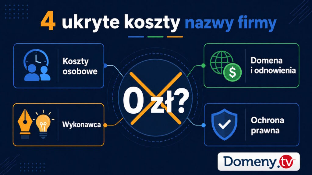 Infografika z czterema ukrytymi kosztami wymyślenia nazwy firmy: koszty osobowe, zakup i odnowienie domeny, wynagrodzenie wykonawcy oraz ochrona prawna. Przekreślona cena 0 zł obala mit darmowego namingu