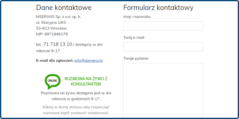 Bezposredni kontakt z dzialem obslugi klienta w domenytv