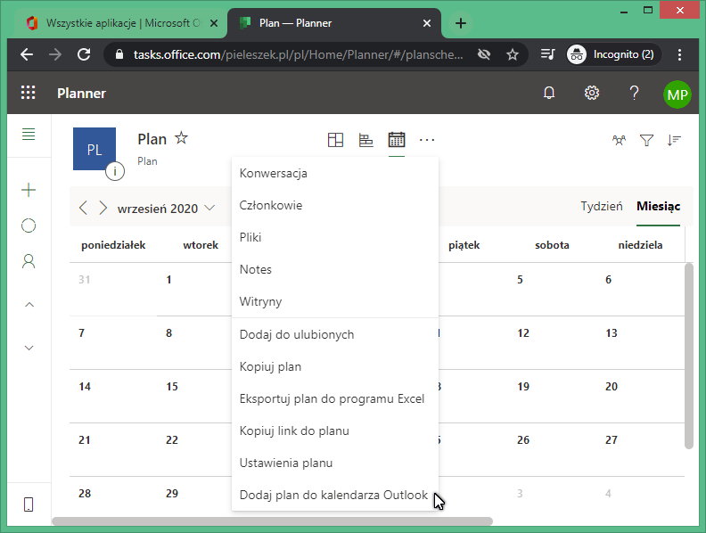 Rysunek 8 Dodawanie harmonogramu zadań w utworzonym planie do kalendarza MS Outlook.  zdalna praca grupowa