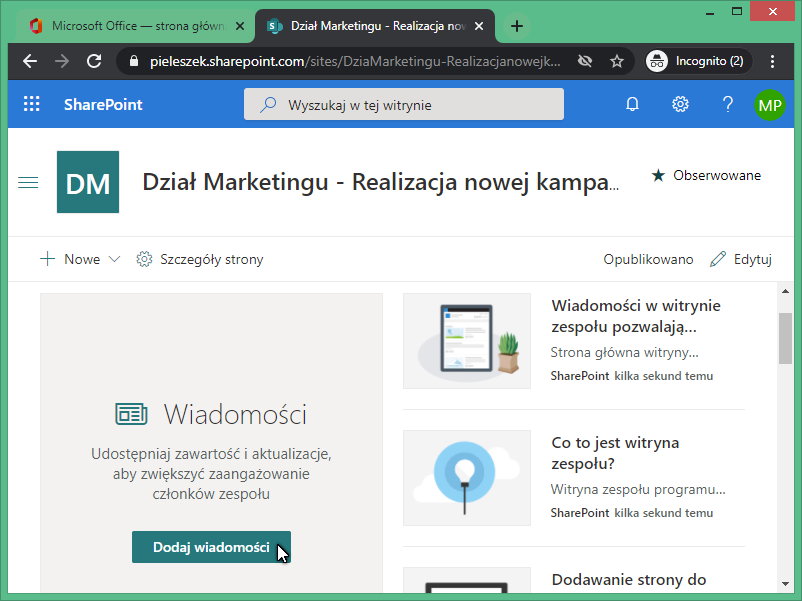 Rysunek 12 Dodawanie wiadomości do witryny Zespołu utworzonej automatycznie przez  MS Teams. zdalna praca grupowa