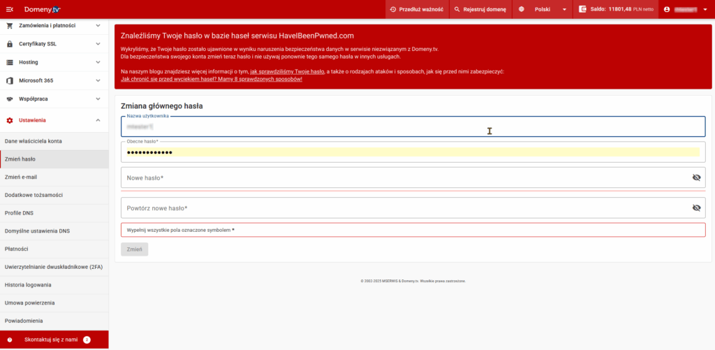Jak działa HaveIBeenPwned w panelu Domenytv