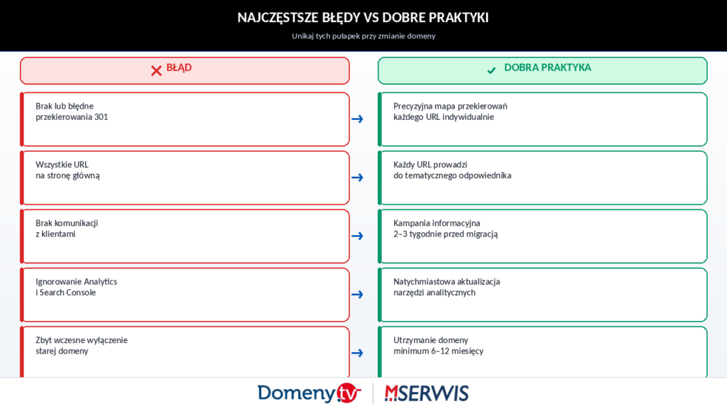 nfografika porównawcza zestawiająca trzy najczęstsze błędy przy zmianie domeny — brak przekierowań 301, brak informacji dla klientów, przedwczesne wyłączenie starej domeny — z poprawnymi praktykami minimalizującymi ryzyko utraty ruchu i pozycji w Google.