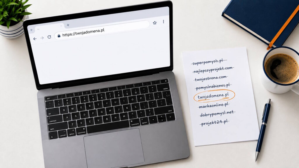 Osoba przy biurku wymyśla nazwę domeny — na laptopie pasek adresu URL, obok kartka z przekreślonymi i jedną zakreśloną koncepcją nazwy