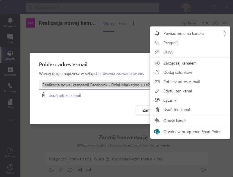 Rysunek 11 Menu do zarządzania zespołem lub kanałem w Microsoft Teams zdalna praca grupowa