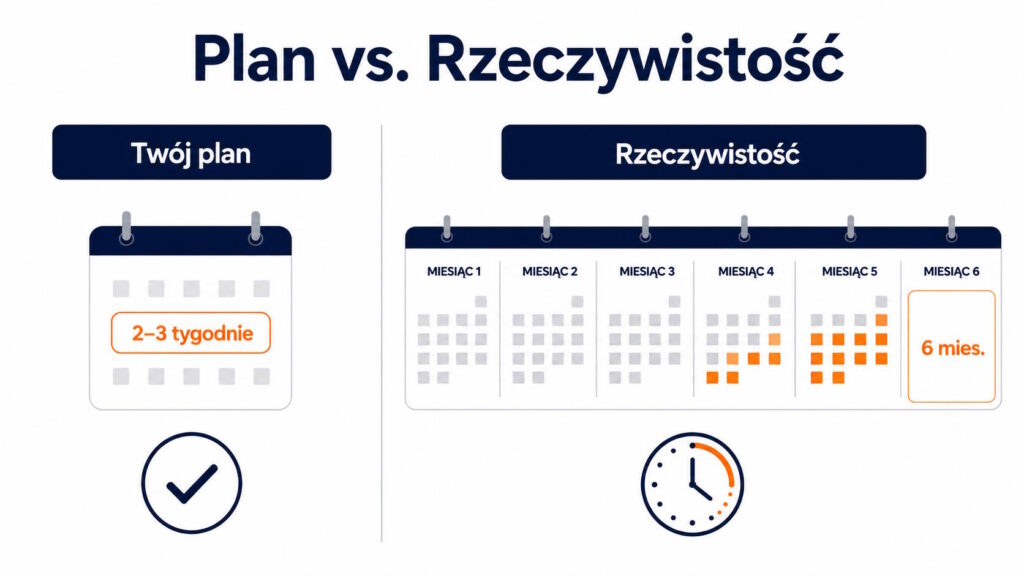 Porównanie planowanego czasu projektu namingowego (2–3 tygodnie) z rzeczywistym przebiegiem (nawet 6 miesięcy) — grafika dwukolumnowa