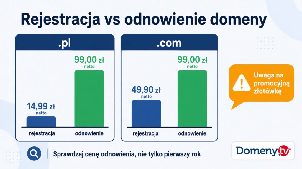 Wykres porównujący koszt rejestracji domeny w pierwszym roku z kosztem odnowienia dla rozszerzeń .pl i .com, pokazujący różnicę między ceną promocyjną a opłatą za przedłużenie