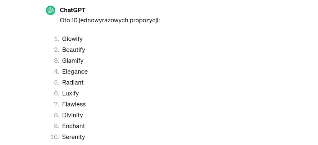 Rys 1 ChatGPT 3 5 proponuje jednowyrazową nazwę marki