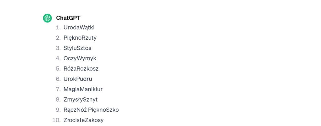 Rys 11 Nazwa dla branży kosmetycznej w języku polskim według AI wg ChatGPT 3 5