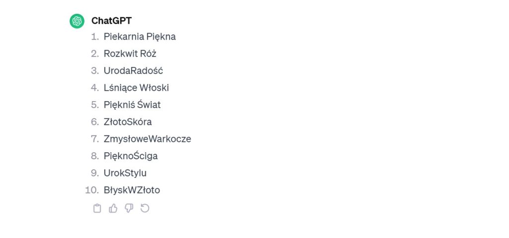 Rys 12 Kolejne propozycje nazwy dla branży kosmetycznej w języku polskim według ChatGPT 3 5