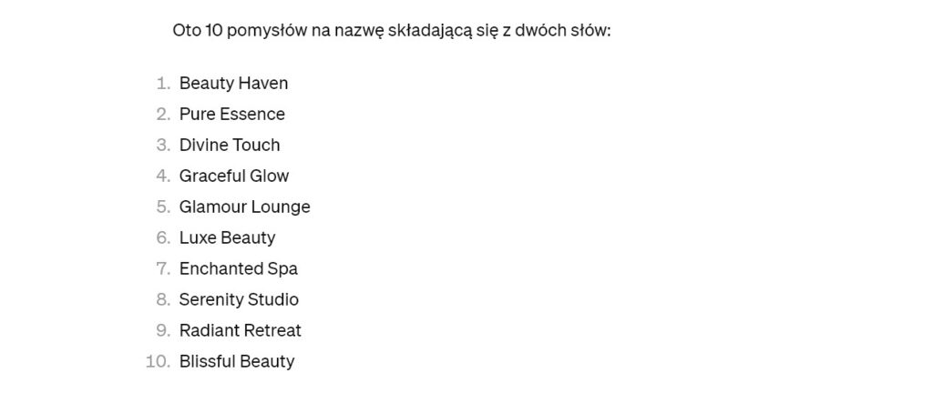 Rys 4 ChatGPT 3 5 ponownie proponuje nazwę składającą się z dwóch słów.