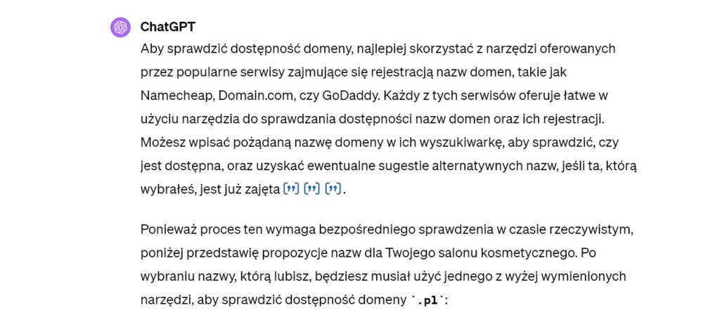 Rys 5 ChatGPT 4 proponuje jednowyrazową nazwę salonu kosmetycznego A