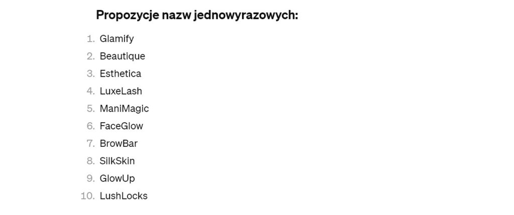Rys 5 ChatGPT 4 proponuje jednowyrazową nazwę salonu kosmetycznego B
