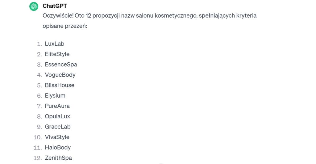 Rys 7 ChatGPT 3 5 — odpowiedź na dokładne pytanie o nazwę firmowej marki