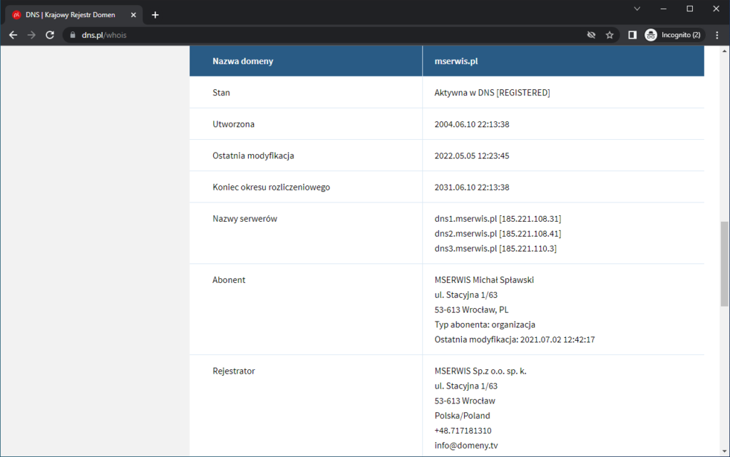 Rysunek 1 Informacje WHOIS z polskiego rejestru domen NASK