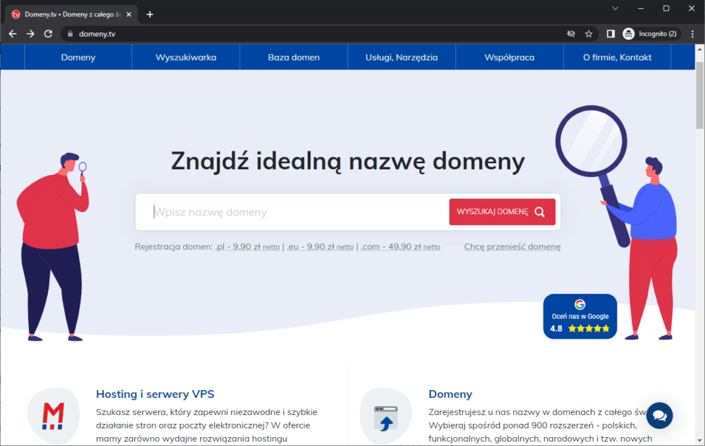 Rysunek 1 Wyszukiwanie wolnej domeny w serwisie Domeny_tv