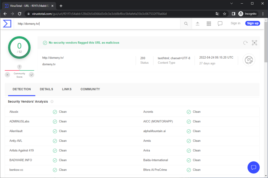 Rysunek 1 Sprawdzanie reputacji domeny przy pomocy Virustotal.