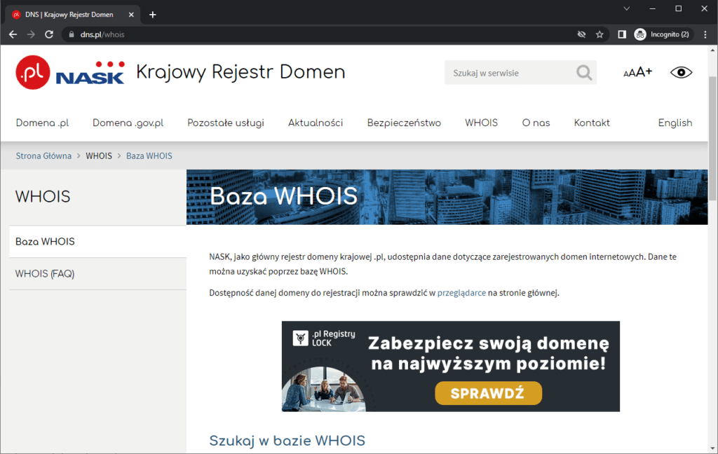 Rysunek 2 Baza WHOIS polskich domen, prowadzona przez rejestr NASK