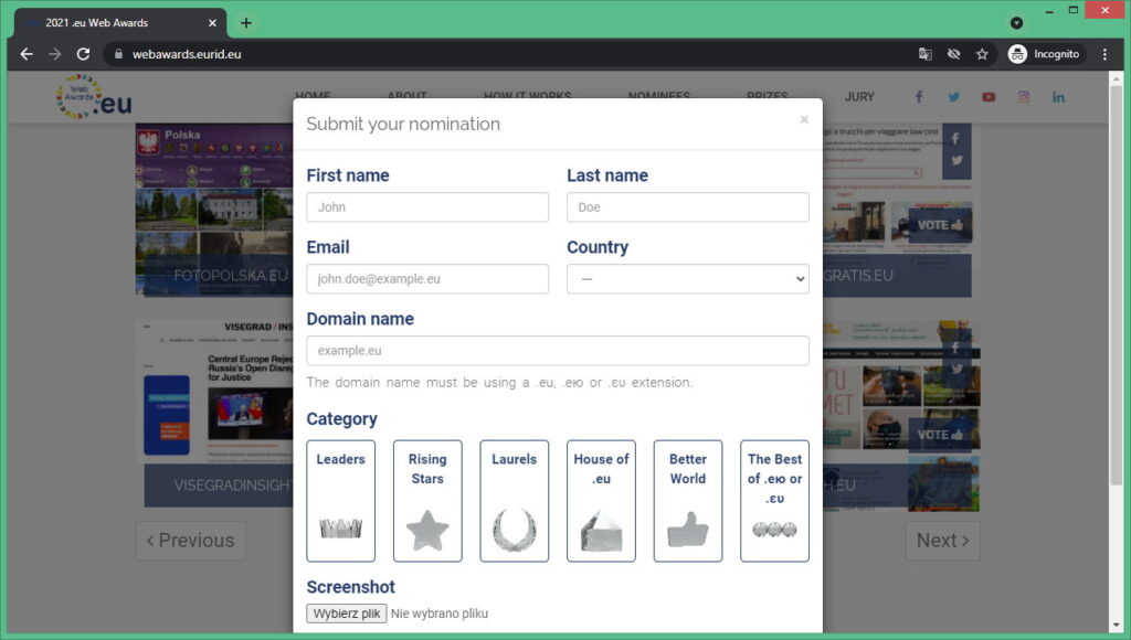 Rysunek 2 Formularz zgłoszenia do konkursu eu web awards