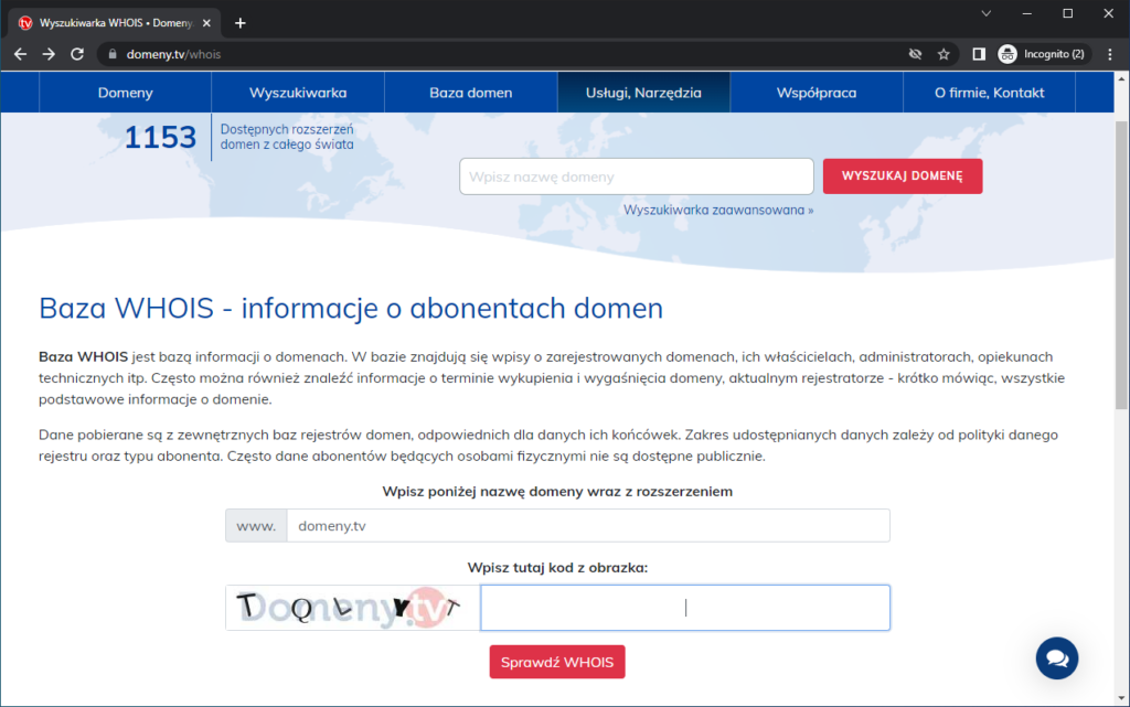 Rysunek 2 Wyszukiwarka WHOIS w serwisie Domenytv