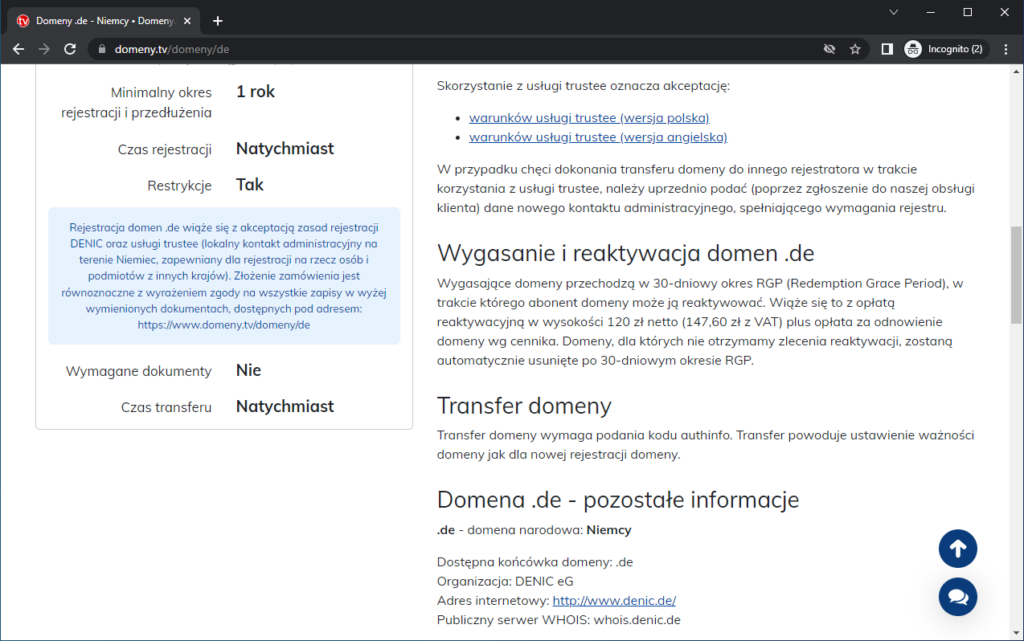 Rysunek 3 Szczegółowe informacje o domenie .de w serwisie Domenytv