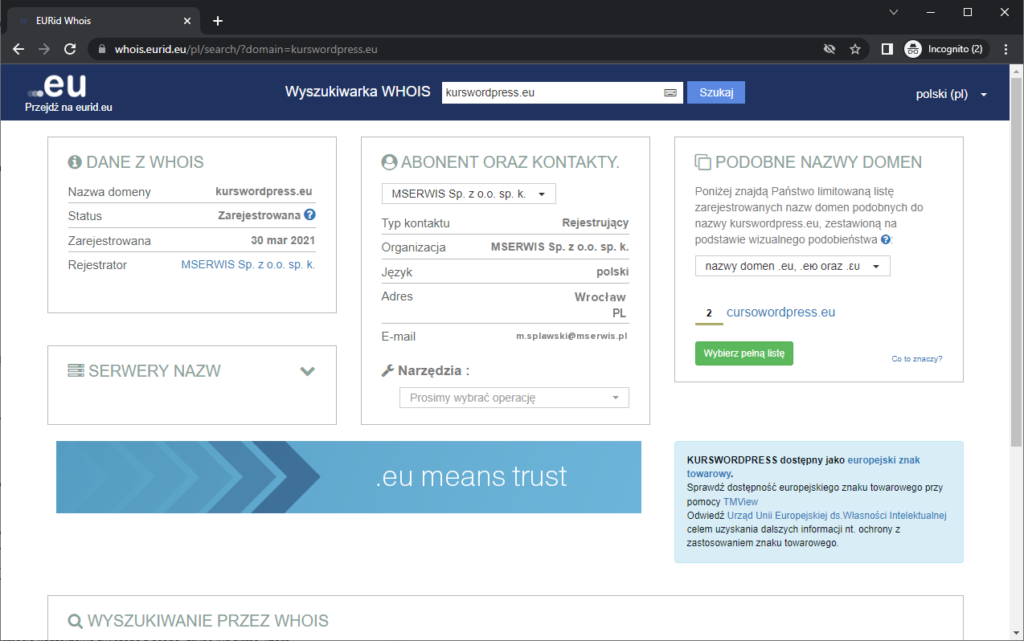 Rysunek 4 Przykładowe wyniki wyszukiwania w bazie WHOIS eu