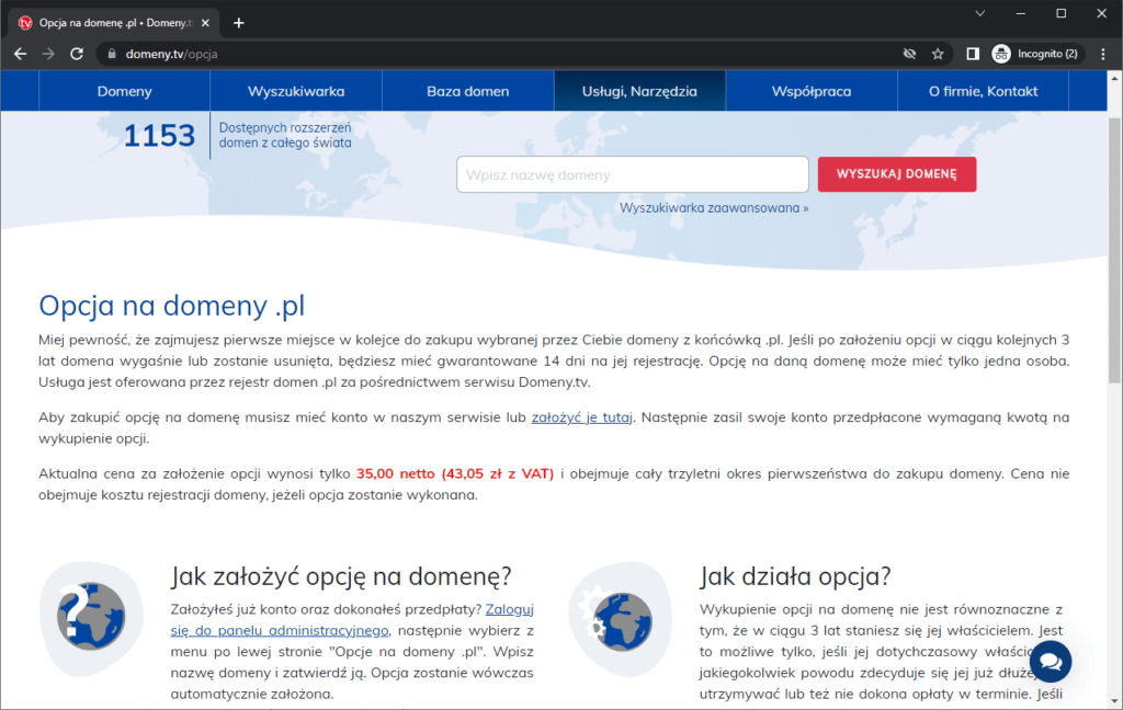 Rysunek 4 Zakładanie opcji na domenę .pl w serwisie Domeny_tv