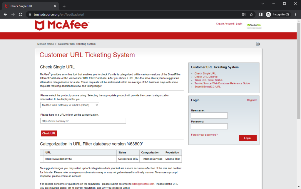 Rysunek 6 Wynik skanowania adresu przy pomocy Trustedsource.org.