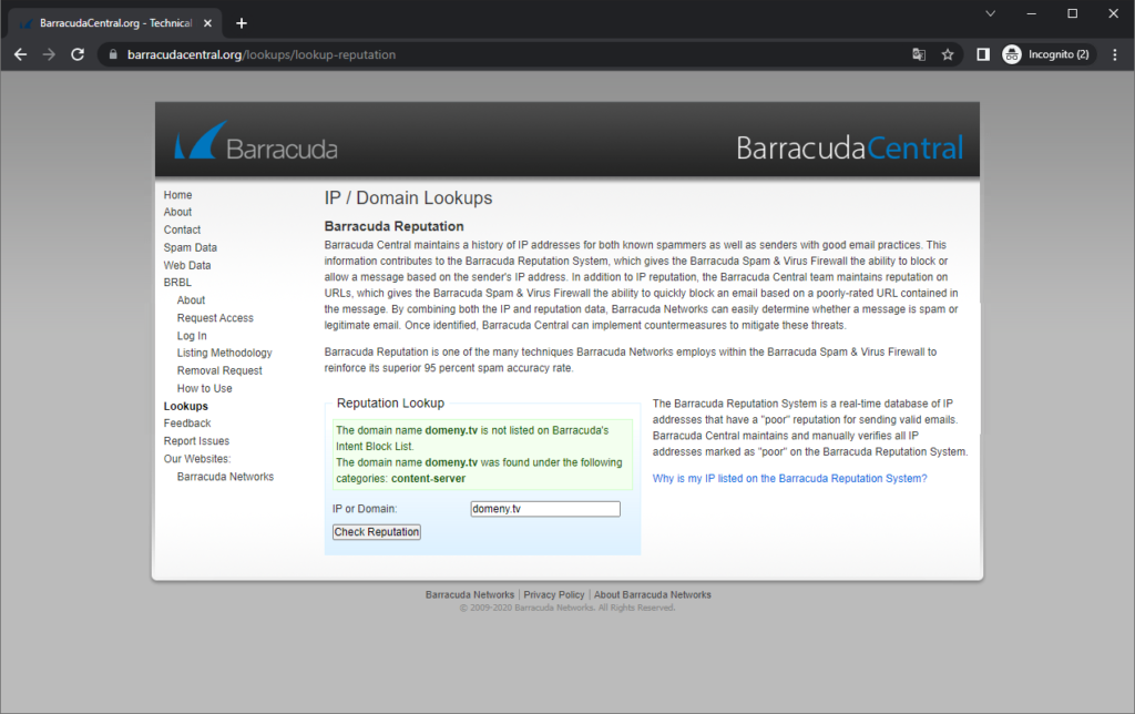 Rysunek 2 Sprawdzenie reputacji (Check Reputation BarracudaCentral).