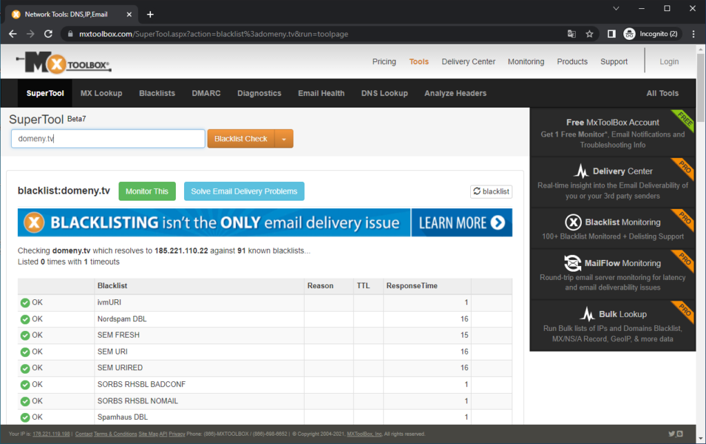 Rysunek 3 Wyniki sprawdzania domeny MXToolbox.